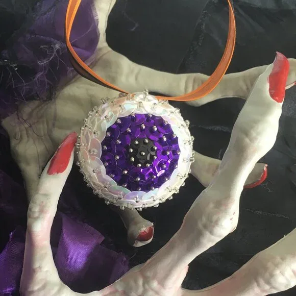Christmas Eyeball Ornament Glam Sparkle Sequin Beaded Halloween OOAK Purple